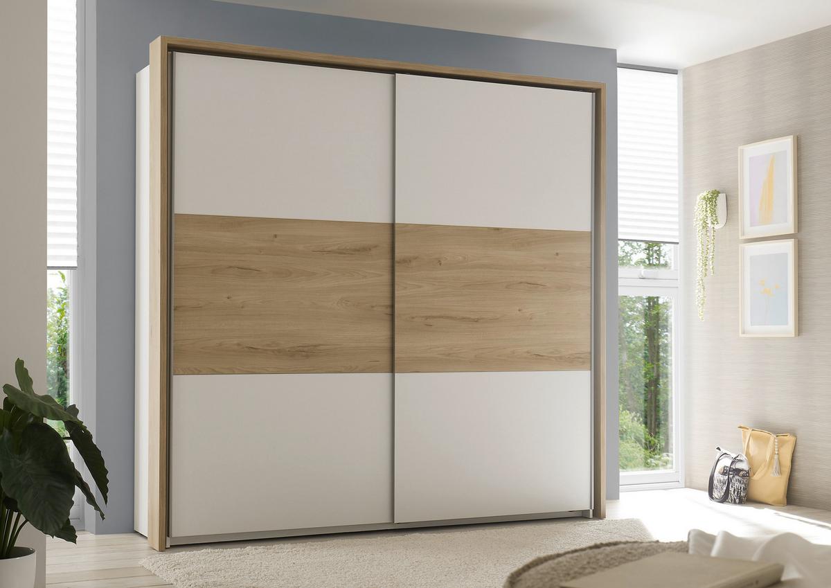 Spálňa Kiara - skriňa, posteľ PL: 180x200cm, 2x nočný stolík - biela/farba duba, Modern, kompozitné drevo - Livetastic