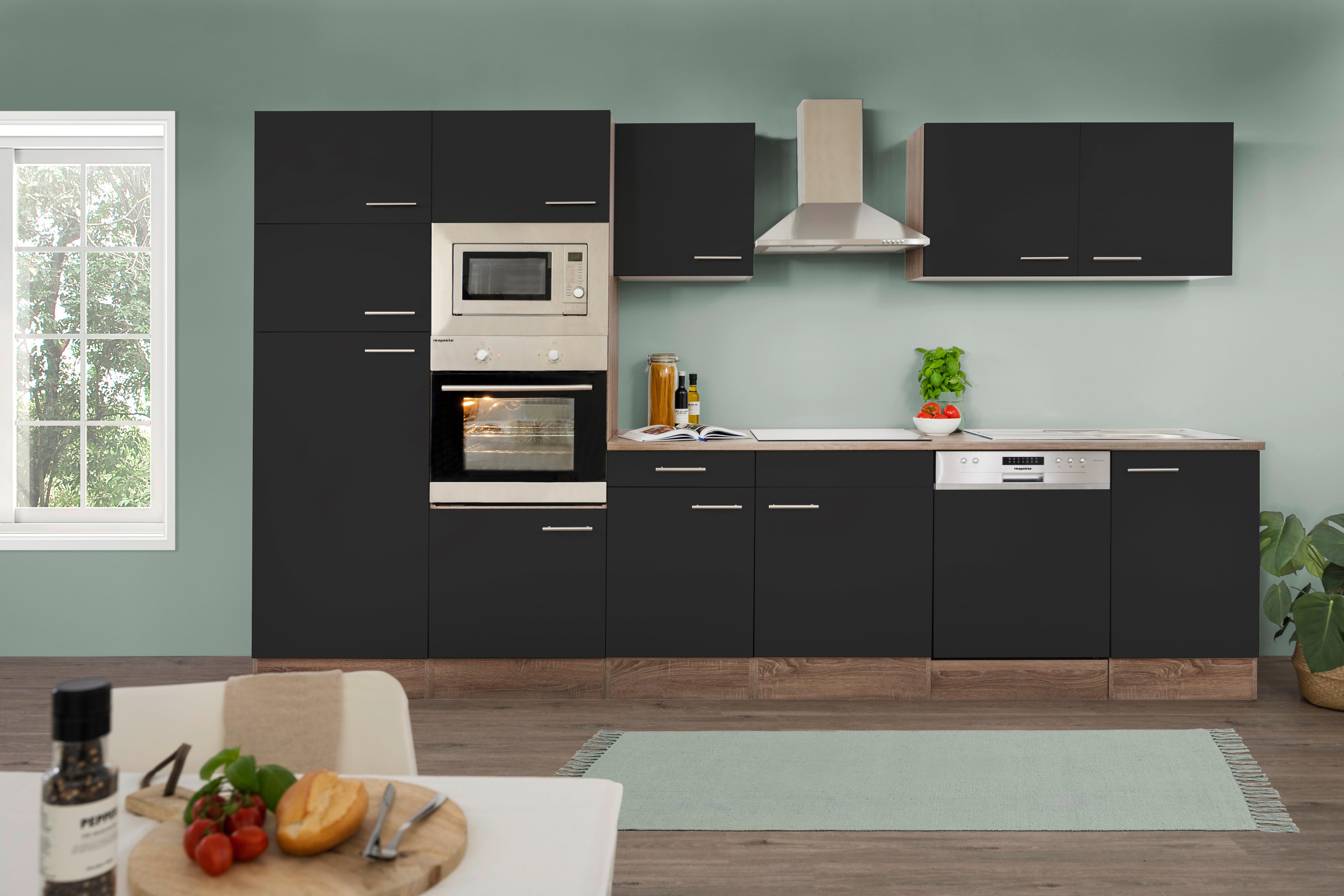 Küchenzeile mit Geräten B: 340 cm Schwarz/Eiche Dekor - Eichefarben/Schwarz, Design, Holzwerkstoff (340cm) - Respekta