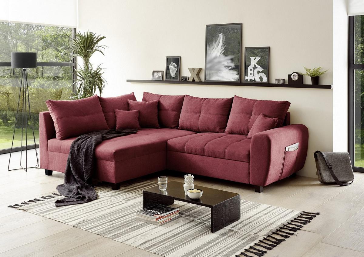 Ecksofa Inkl. Kissen + Hocker Lea, Polyester-Nylon - Beere/Schwarz, Basics, Holzwerkstoff/Textil (248/176cm) - MID.YOU