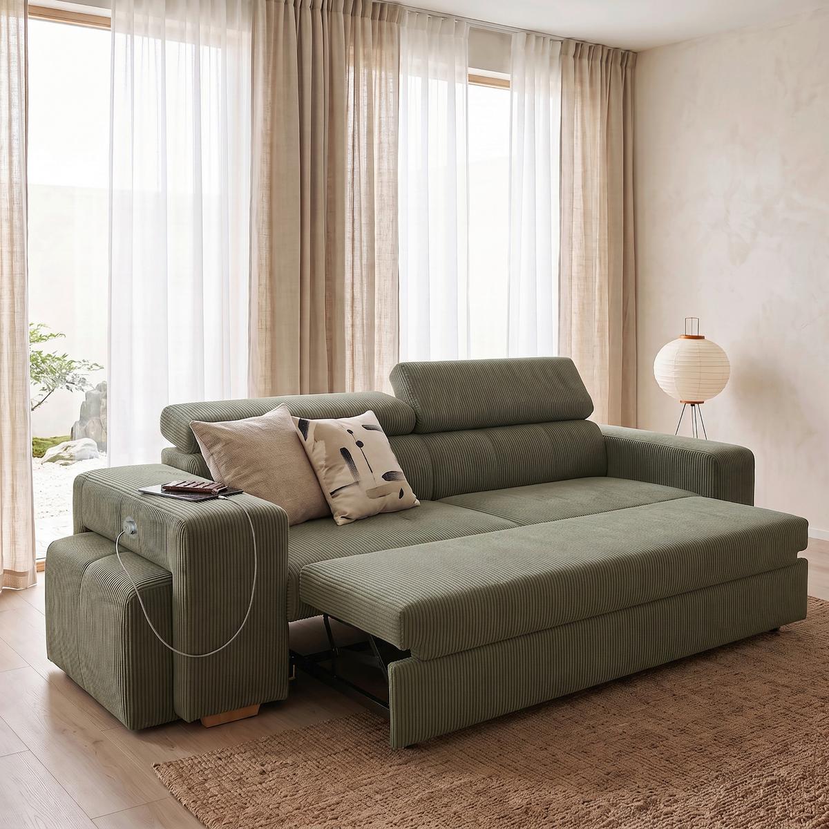 3-SitzerSofa m. Schlaffunktion Sirius S olivgrün, B: 251cm - Schwarz/Olivgrün, KONVENTIONELL, Holz/Holzwerkstoff (251/96/100cm)