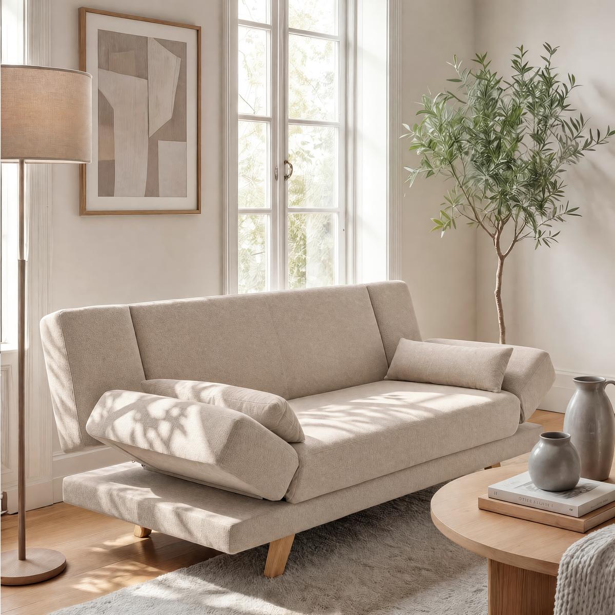 Rozkladacia pohovka FUNKY, bahenná hnedá farba - bahenná hnedá/prírodná farba, Modern, drevo/textil (183/73/79cm) - Bessagi Home