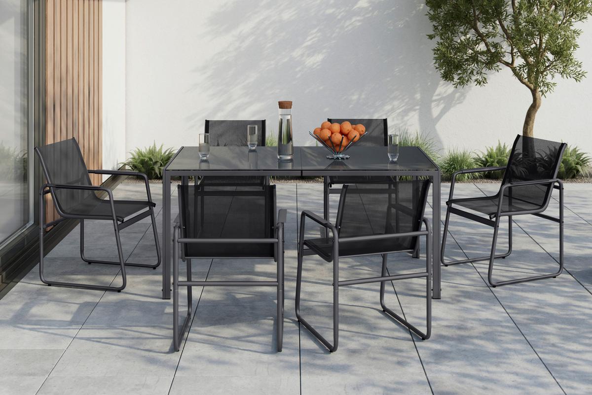 Gartenmöbel Set 7-tlg. Toulon Aus Metall/textil/glas - Dunkelgrau/Schwarz, MODERN, Glas/Textil (50/90/82/75/59,5/160cm) - Beldano