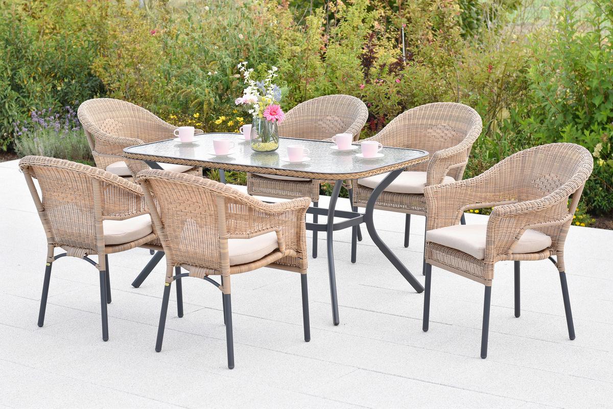 Gartentischgruppe Ravenna 7--Teilig., Kunststoff+sitzkissen - Beige/Graphitfarben, KONVENTIONELL, Glas/Kunststoff - Gardenson