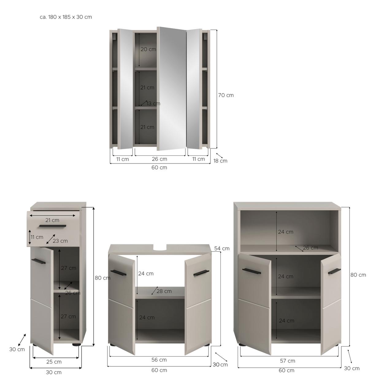 Badezimmer Ice Kaschmir B: 150cm - Kaschmir/Schwarz, Trend, Glas/Holzwerkstoff (150cm) - MID.YOU