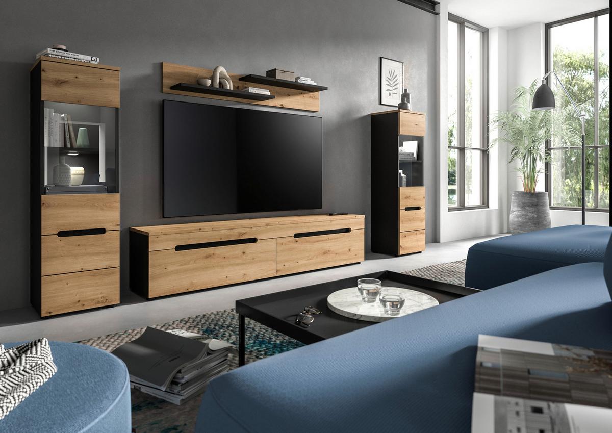 Wohnwand Canu Eiche Artisan Dekor B: 272cm - Schwarz/Eiche Artisan, Design, Holzwerkstoff (272/141/33cm) - Livetastic