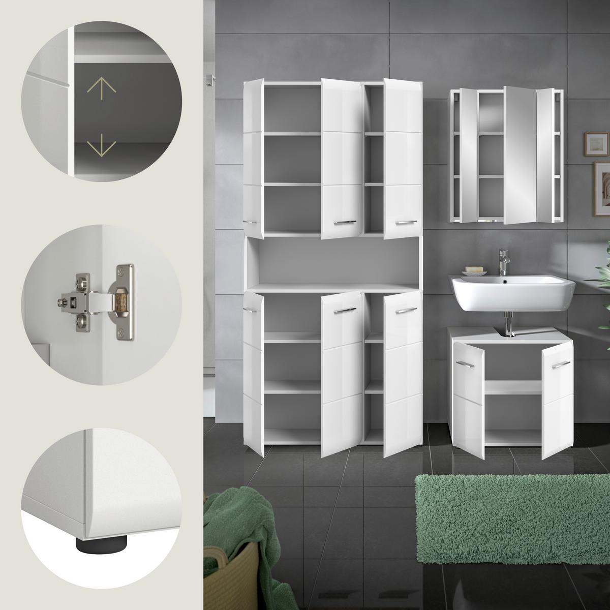 Badezimmer Ice Weiß/Weiß Hg B: 150 cm - Weiß Hochglanz/Schwarz, MODERN, Holzwerkstoff (150/185/30cm) - MID.YOU