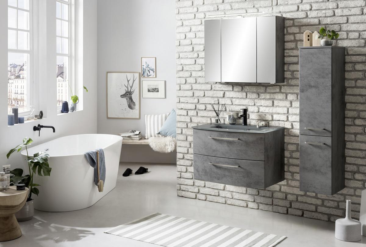 Waschbecken mit Unterschrank Stockholm B: 80cm Grau Dekor - Grau, KONVENTIONELL, Glas/Holzwerkstoff (80cm) - Held