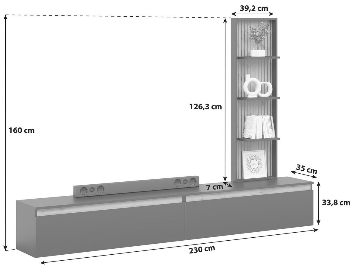 Wohnwand Pascal - Eichefarben/Grau, MODERN, Holzwerkstoff (230/160/35cm)