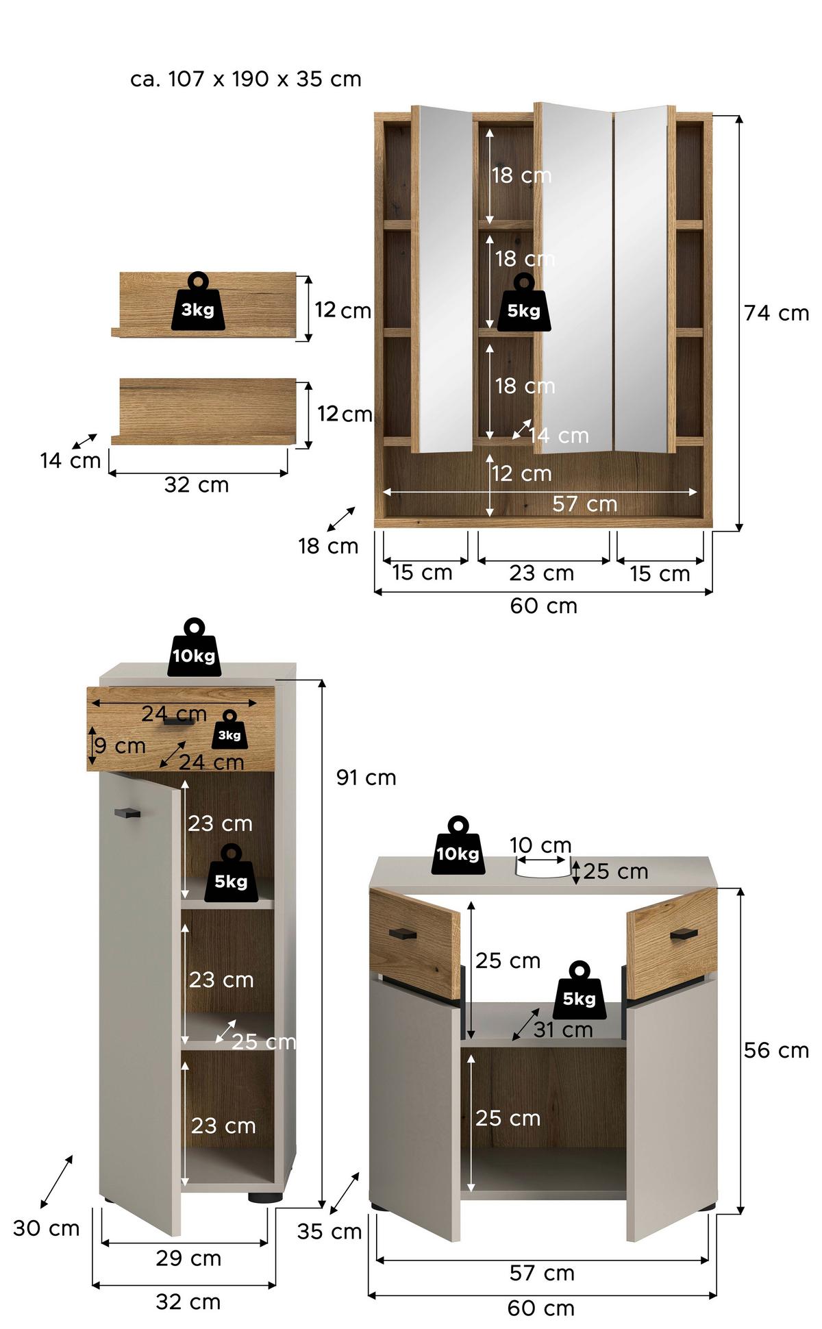 Badezimmer Aqua Kaschmir/Eichefarben B: 92cm - Kaschmir/Eichefarben, Trend, Glas/Holzwerkstoff (92cm) - MID.YOU
