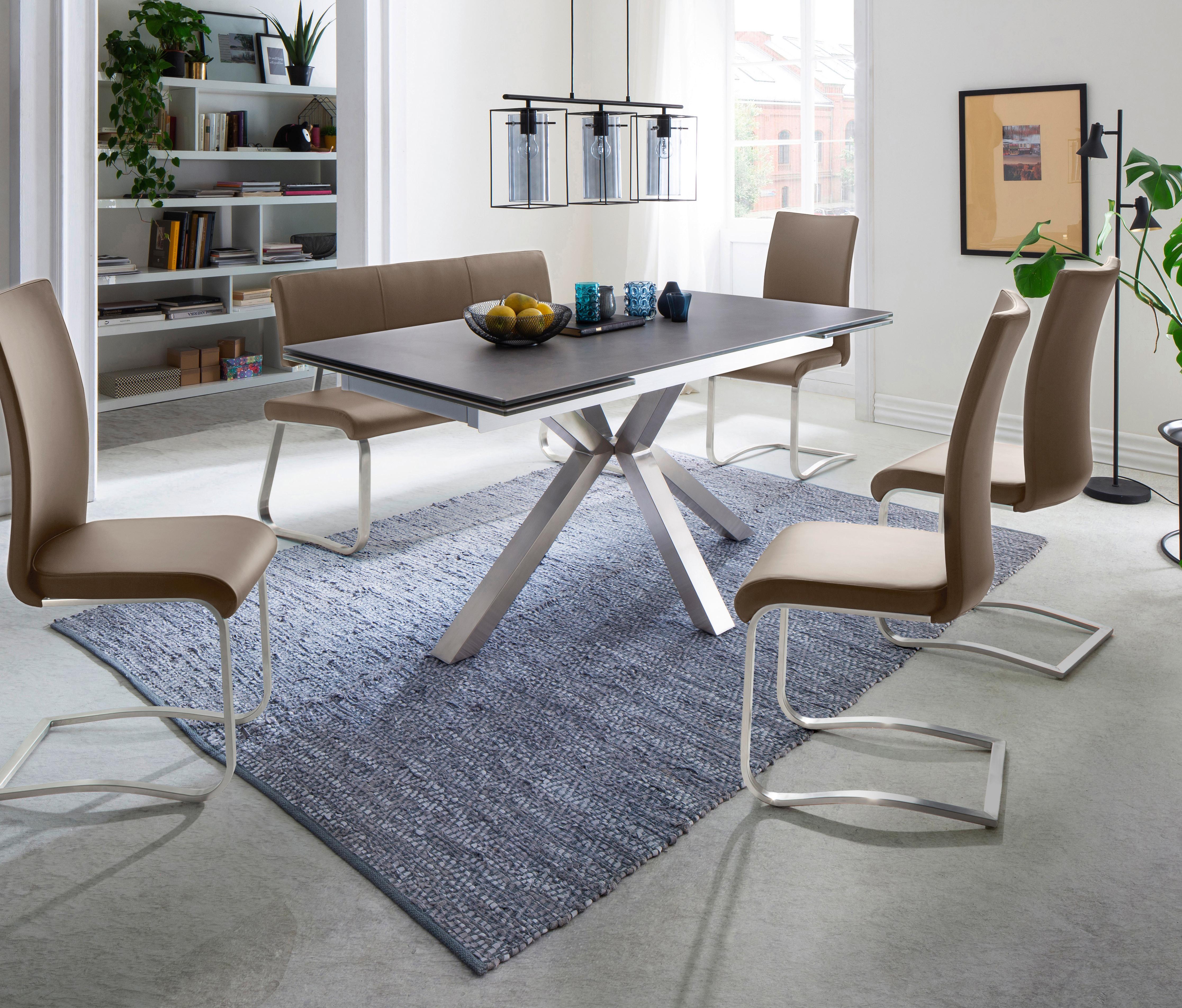 Sitzbank mit Lehne Cappuccino Lederlook Arco B: 175 cm - Edelstahlfarben/Cappuccino, Design, Kunststoff/Metall (175/86/59cm) - Livetastic