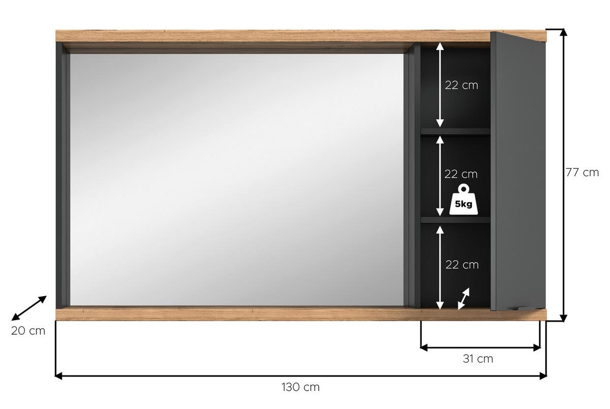 Spiegelschrank Nuaro Anthrazit B: 130cm - Anthrazit, Basics, Glas/Holzwerkstoff (130/76/20cm) - MID.YOU