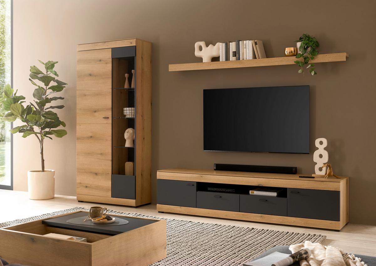 Wohnwand Soleto Graphit/Eichefarben B: 300cm - Eichefarben/Schwarz, Design, Glas/Holzwerkstoff (300/201/45cm) - MID.YOU