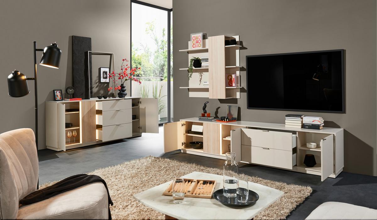 Sideboard Alex Kaschmir, B: 193cm - Kaschmir/Schwarz, Design, Holzwerkstoff (193/83/40cm) - MID.YOU