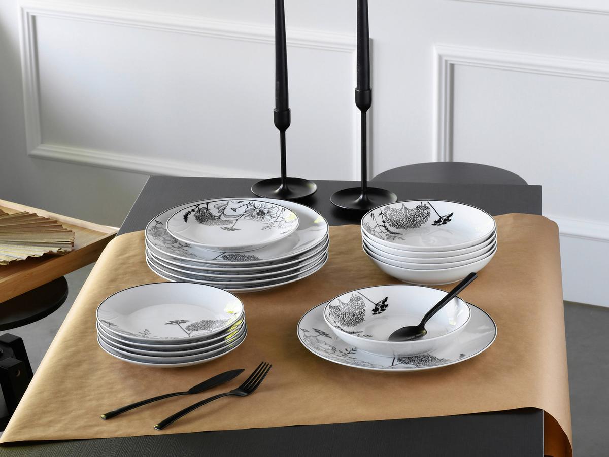 Tafelservice Luna Black Flower 18--Teilig., Schwarz, Grauweiß - Grauweiß/Schwarz, Basics, Keramik - Creatable