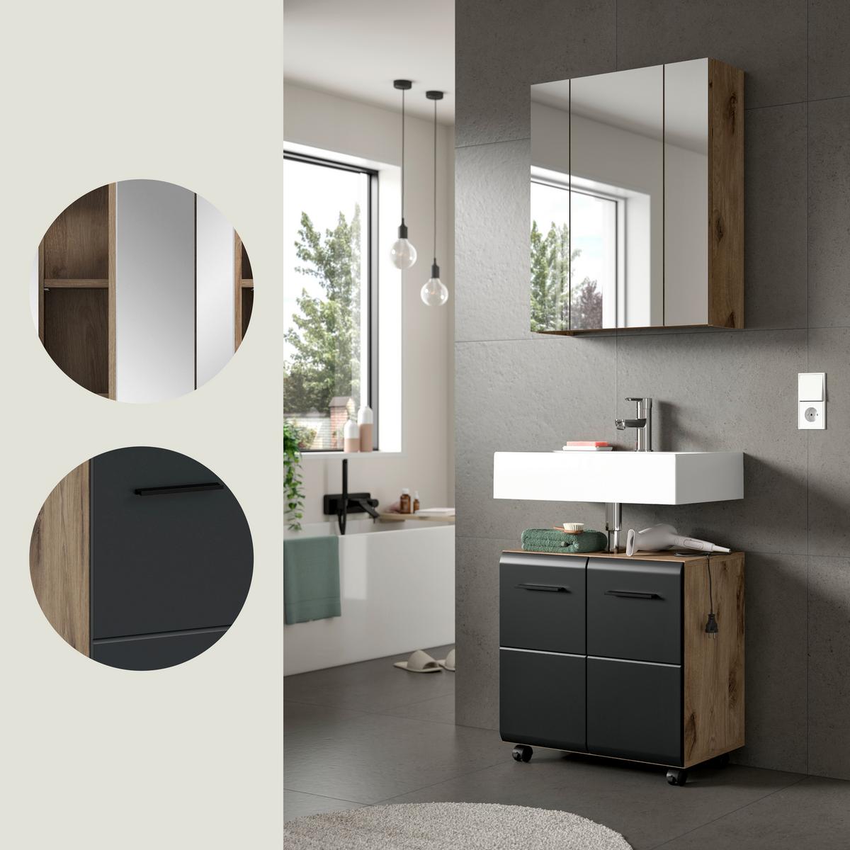 Badezimmer ICE Schwarz, Eiche dunkel B: 60 cm - Eiche dunkel/Schwarz, Trend, Glas/Holzwerkstoff (60cm) - MID.YOU