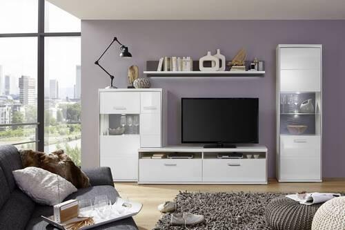 Vitrine B: 64 cm Trento Grau/Silberfarben/Weiß - Weiß Hochglanz/Silberfarben, Design, Glas/Holzwerkstoff (64/201/38cm) - Livetastic