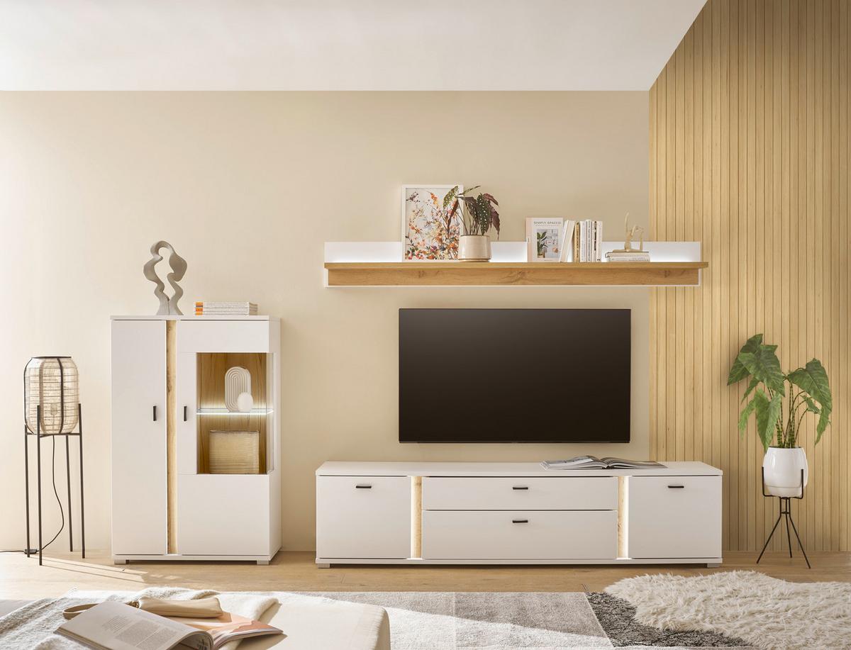 Wohnwand Long Island Weiß/Eiche Wotan B: 290cm - Eiche Wotan/Weiß, Design, Glas/Holzwerkstoff (290/170/42cm) - MID.YOU