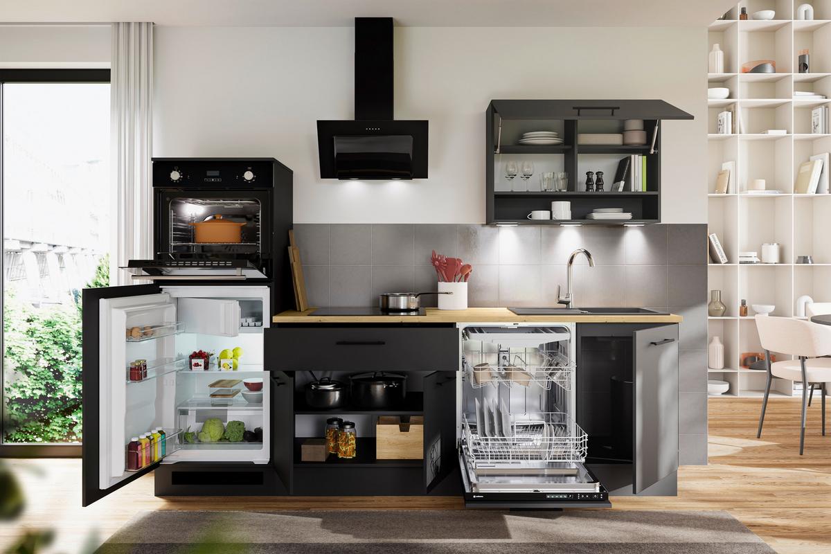 Küchenblock Berlin Schwarz/Eiche Dekor B: 260 cm - Schwarz/Eiche Artisan, Design, Holzwerkstoff (260cm) - MID.YOU