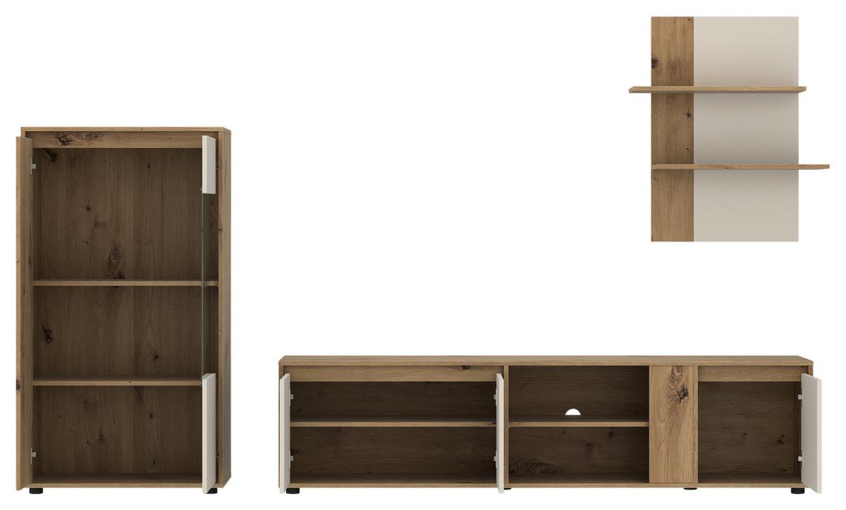 Wohnwand Caneva Eiche Artisan/Kaschmir B:267cm - Kaschmir/Eiche Artisan, MODERN, Glas/Holzwerkstoff (267,5/135/40cm) - Modern Living