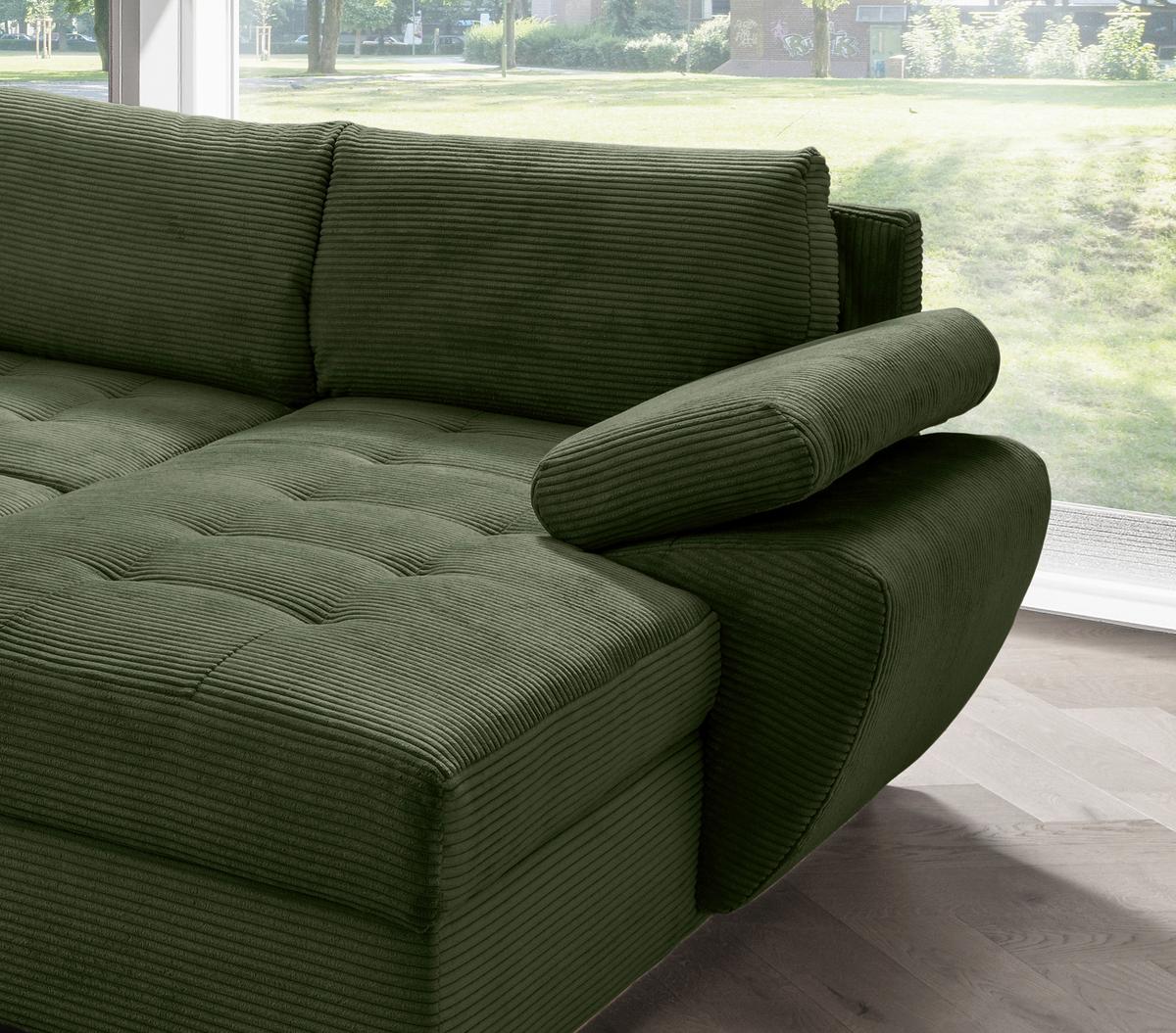 Wohnlandschaft Terana mit Schlaffunktion, Dunkelgrün - Chromfarben/Dunkelgrün, KONVENTIONELL, Textil (219/305/157cm) - P & B
