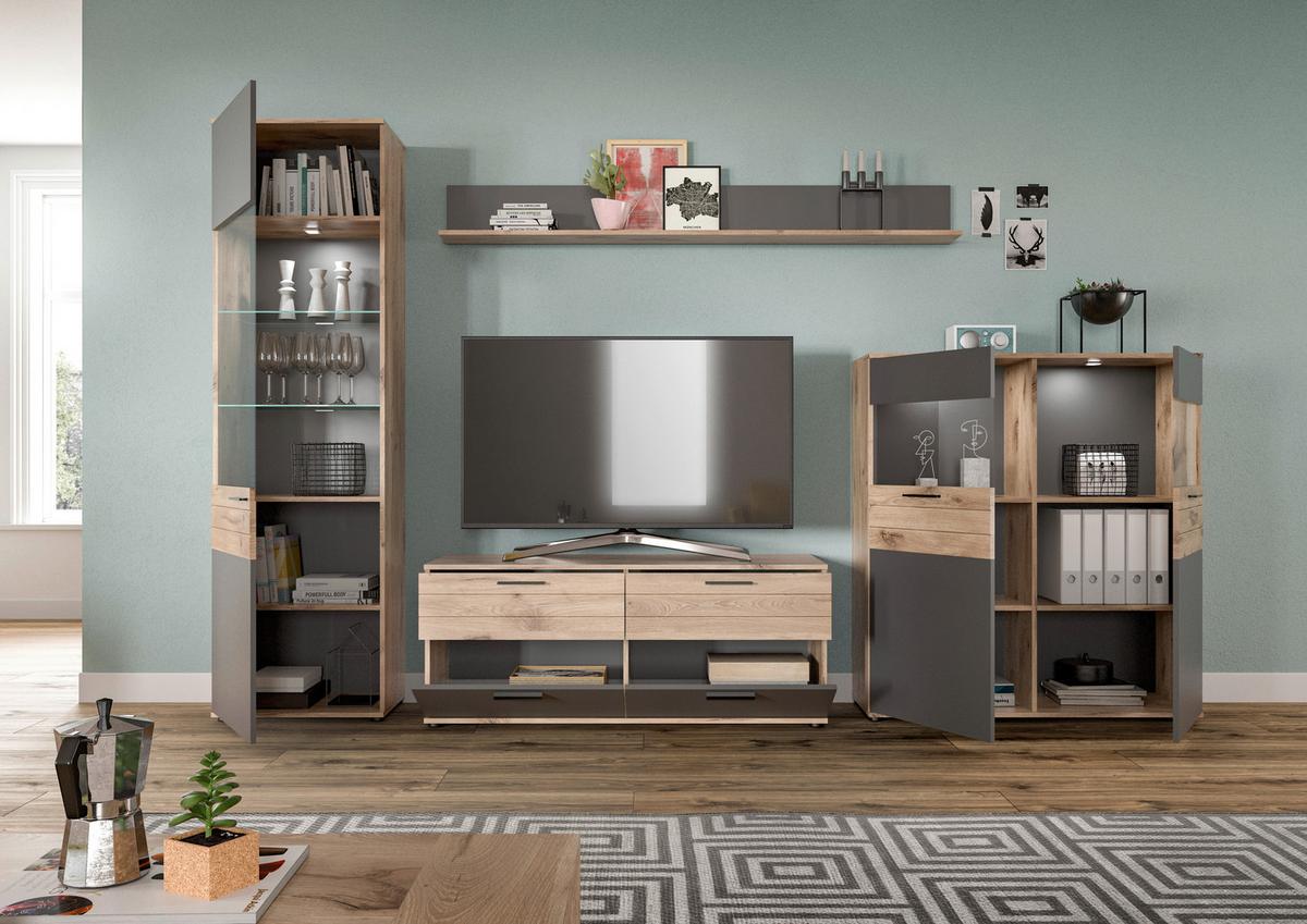 WOHNWAND Mason Grau B: 327 cm - Grau, KONVENTIONELL, Glas/Holzwerkstoff (327/200/44cm) - MID.YOU