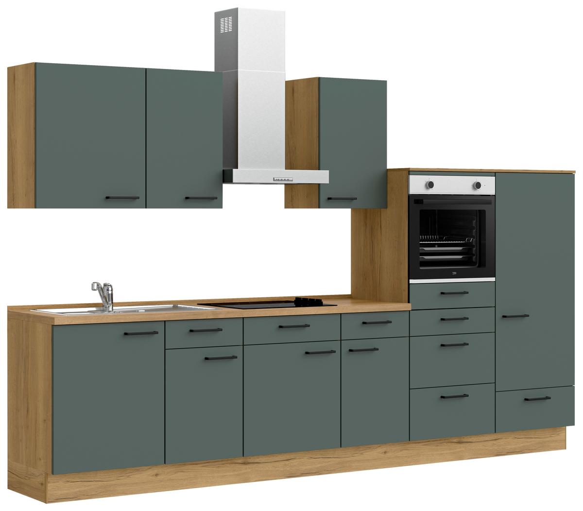 Kuchyňská linka 330 cm, minerální zelená,ultra matná - barvy dubu/černá, Moderní, kov/kompozitní dřevo (330cm) - Nobilia