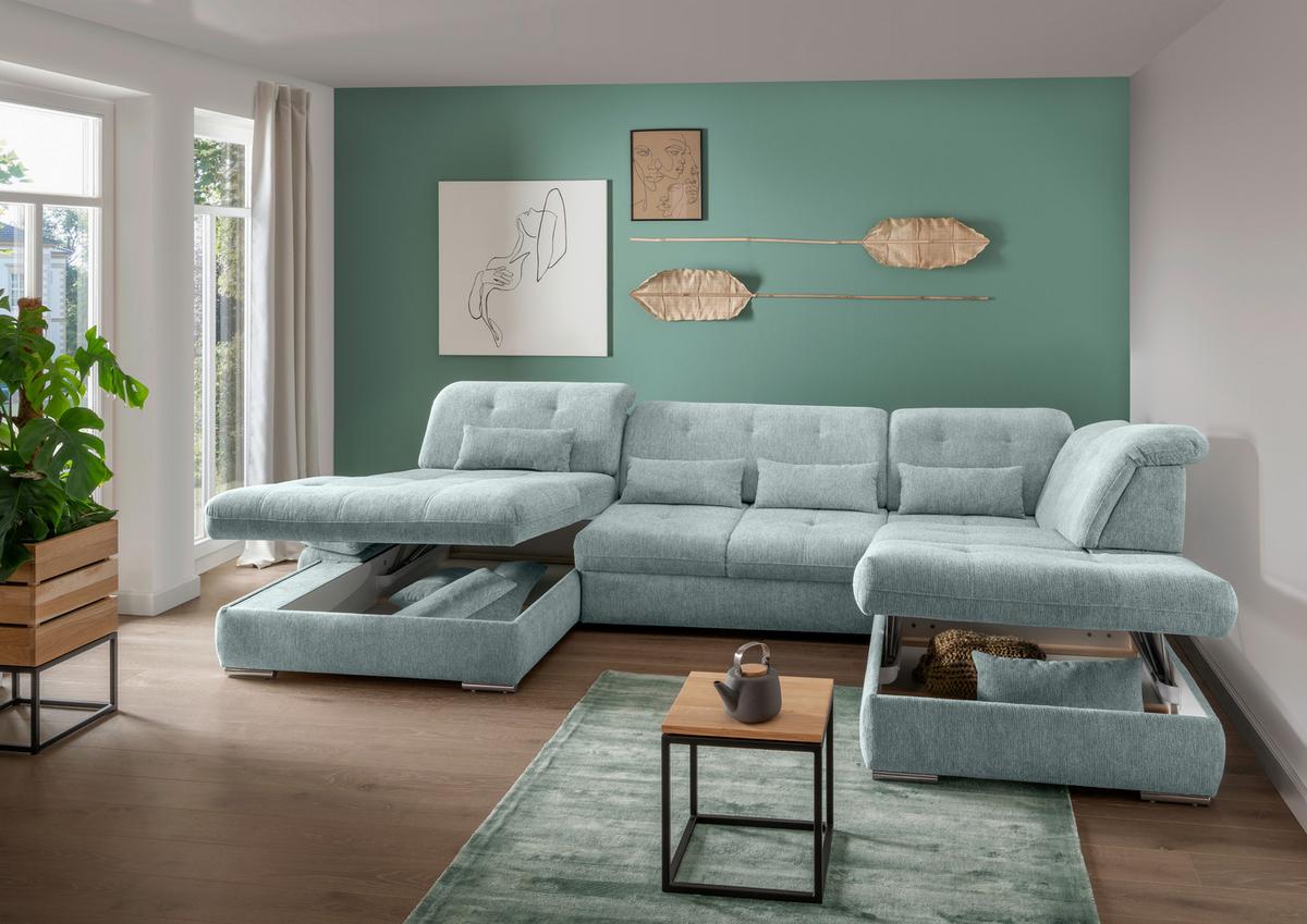 Wohnlandschaft Dalida Blau U: 195x376x254 Cm - Chromfarben/Blau, Design, Textil (195/376/254cm) - Livetastic