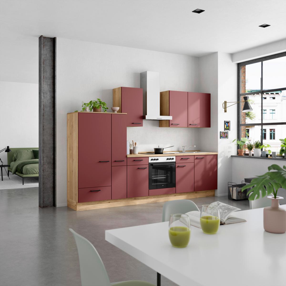 Küchenleerblock Easytouch Low-Line, L7 Links - Eichefarben/Rot, MODERN, Holzwerkstoff (300cm) - Nobilia