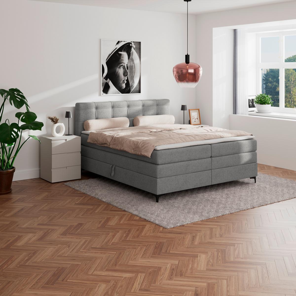 Boxspringbett MITTO Grau 160x200 cm - Schwarz/Grau, KONVENTIONELL, Textil/Metall (160/200cm)