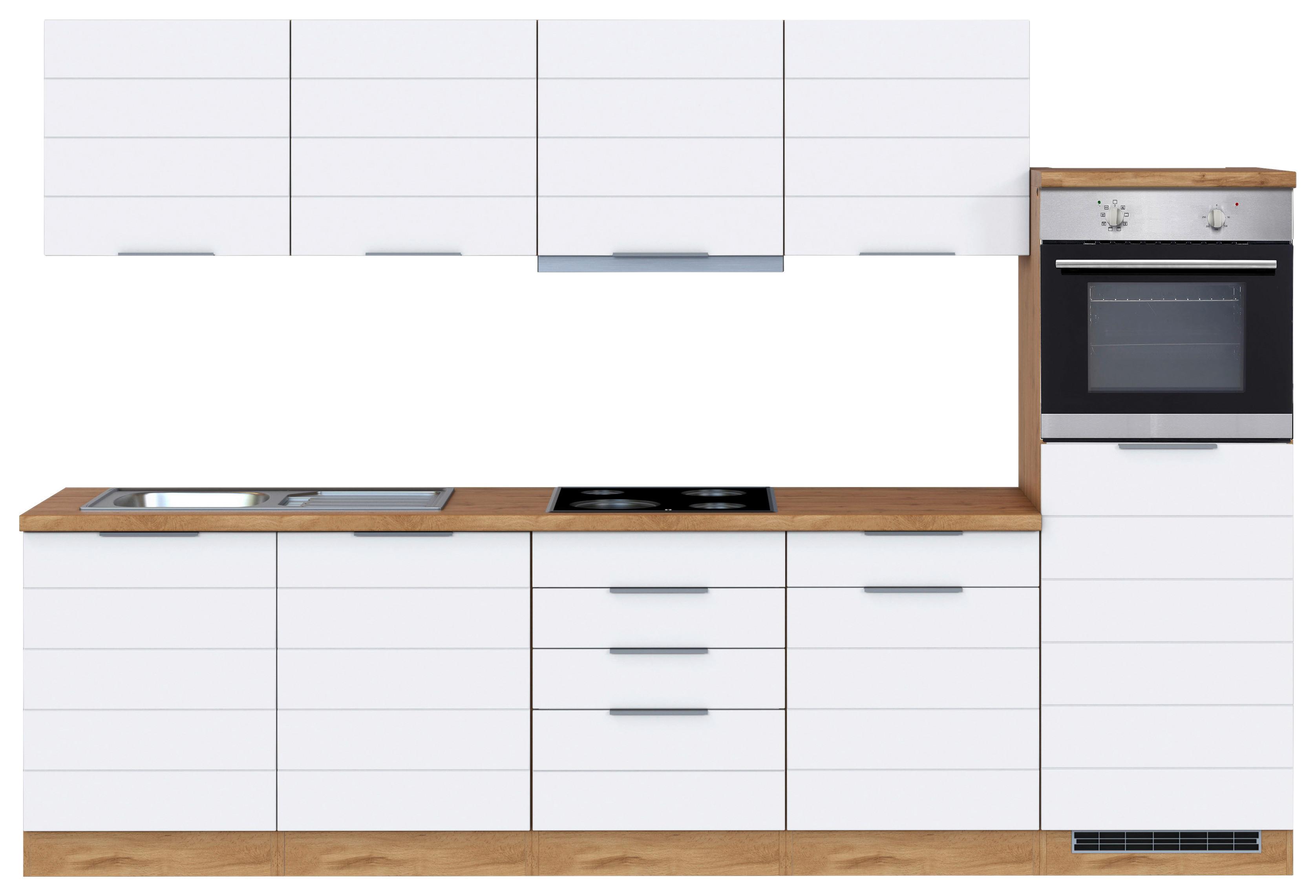 Küchenzeile Florenz mit Geräten 300 cm Weiß/Eichefarben - Eiche Wotan/Weiß, Design, Holzwerkstoff (300cm) - Held