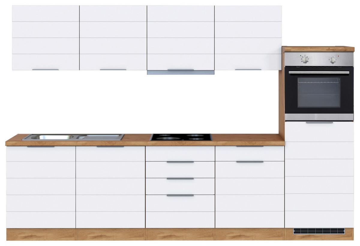 Küchenzeile Florenz mit Geräten 300 cm Weiß/Eichefarben - Eiche Wotan/Weiß, Design, Holzwerkstoff (300cm) - Held