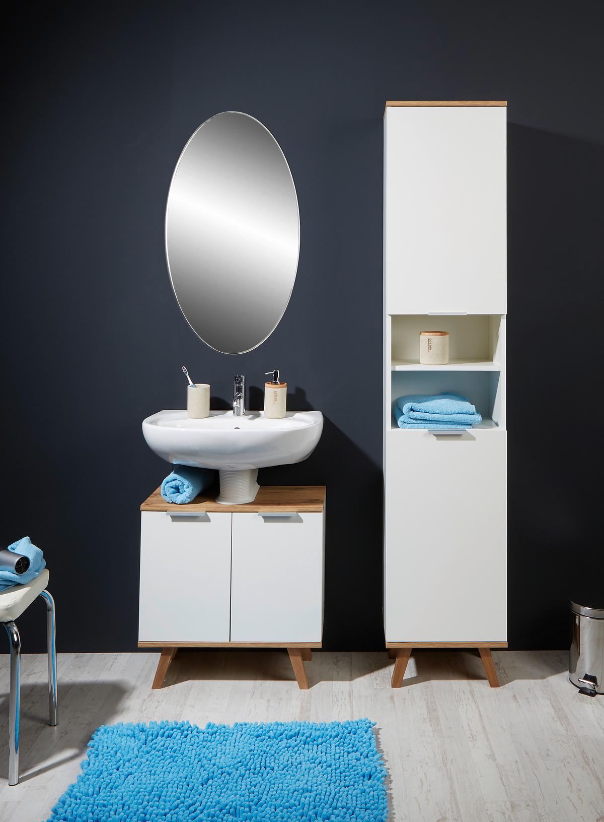 Vysoká skriňa do kupeľne Turin šírka 40cm - biela/dub wotan, Modern, kov/drevo (40/195/30cm)