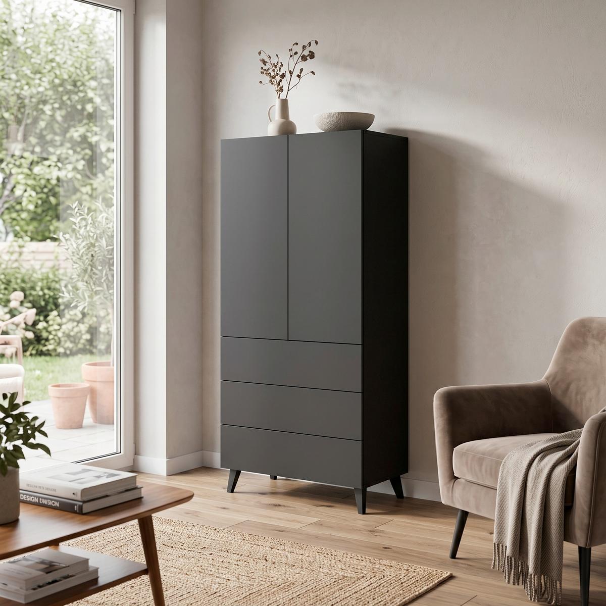 Highboard Phuket schwarz B: 70cm - Schwarz, Design, Holzwerkstoff (70/170/39cm) - P & B