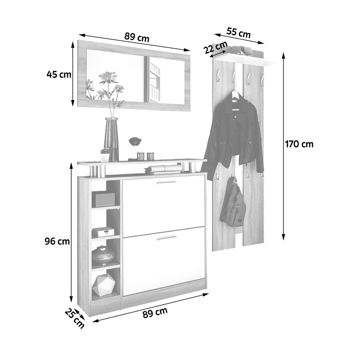 Garderoben-Set Track Eiche Dekor/Weiß 3--Teilig. - Weiß/Sonoma Eiche, Basics, Holzwerkstoff (155/190/25cm) - Livetastic