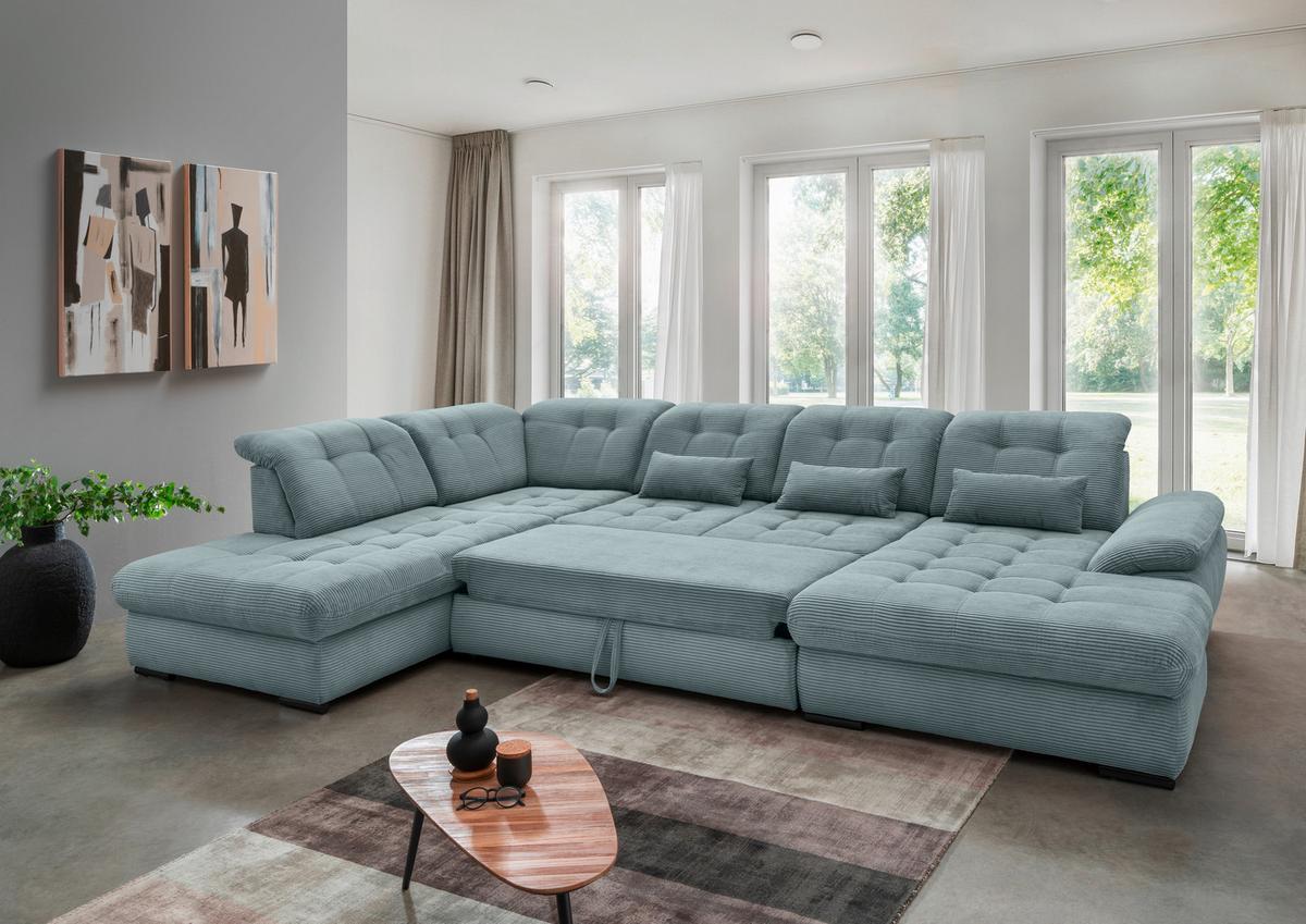 Wohnlandschaft Mit Bettkasten Rigatti Hellblau B: 387 Cm - Schwarz/Hellblau, MODERN, Textil (252/387/184cm) - Livetastic