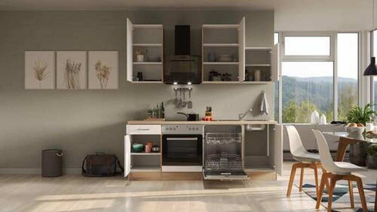 Küchenzeile Nepal M. Geräten 220 Cm Kaschmir/eiche Dekor - Kaschmir/Sonoma Eiche, MODERN, Holzwerkstoff (220cm) - FlexWell