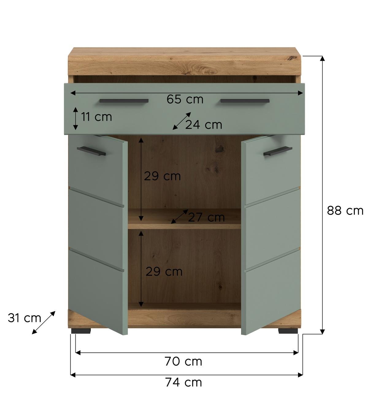 Midischrank Scout Eiche Dekor/Salbeigrün B: 74cm - Salbeigrün/Eichefarben, MODERN, Holzwerkstoff (74/88/31cm) - MID.YOU