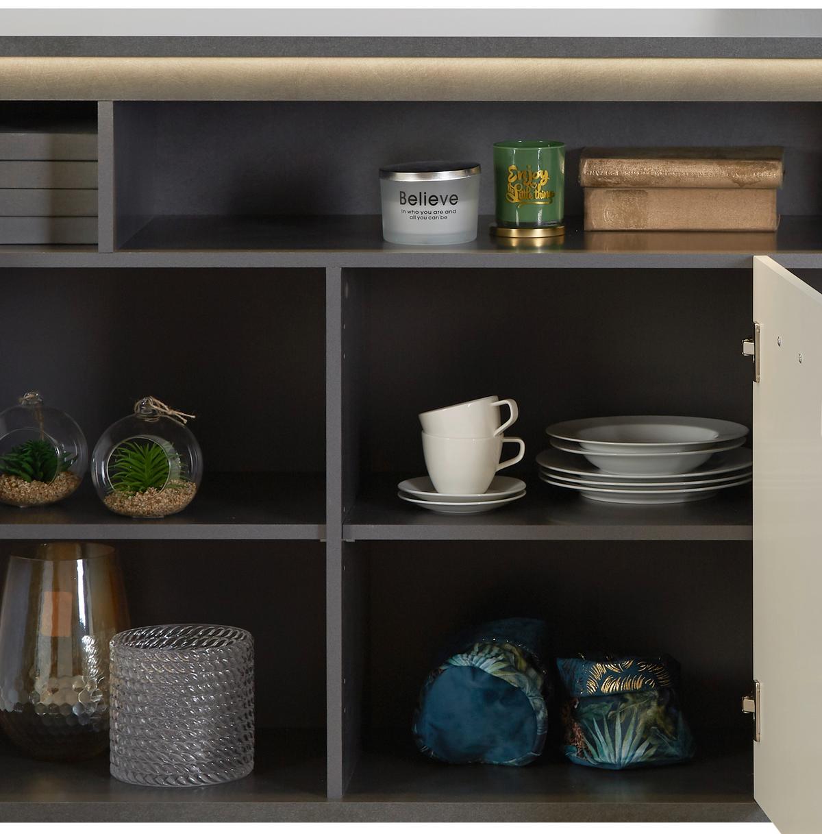 Sideboard Mit Led B: 156,3 Cm Alassio, Weiß/matera - Schwarz/Graphitfarben, MODERN, Holzwerkstoff (156,3/86,2/40,5cm) - Luca Bessoni