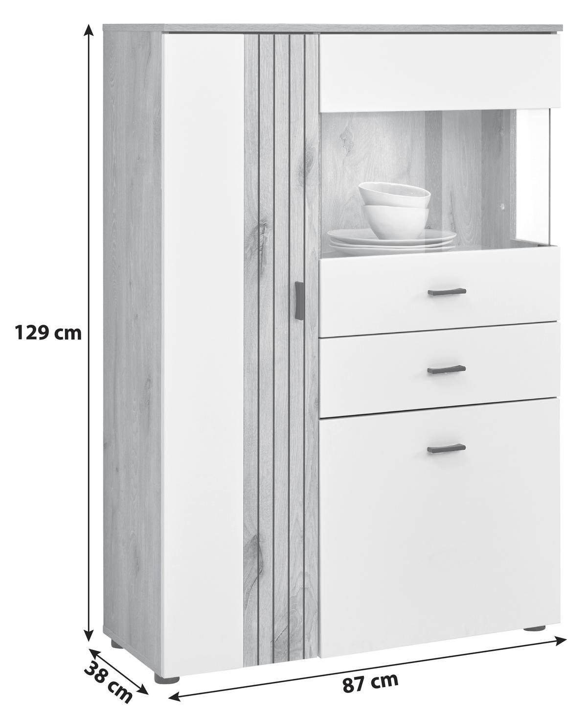 Vitrine Liverpool B: 87 Cm Mit Beleuchtung Weiß/eichef. - MODERN, Holzwerkstoff (87/129/38cm)