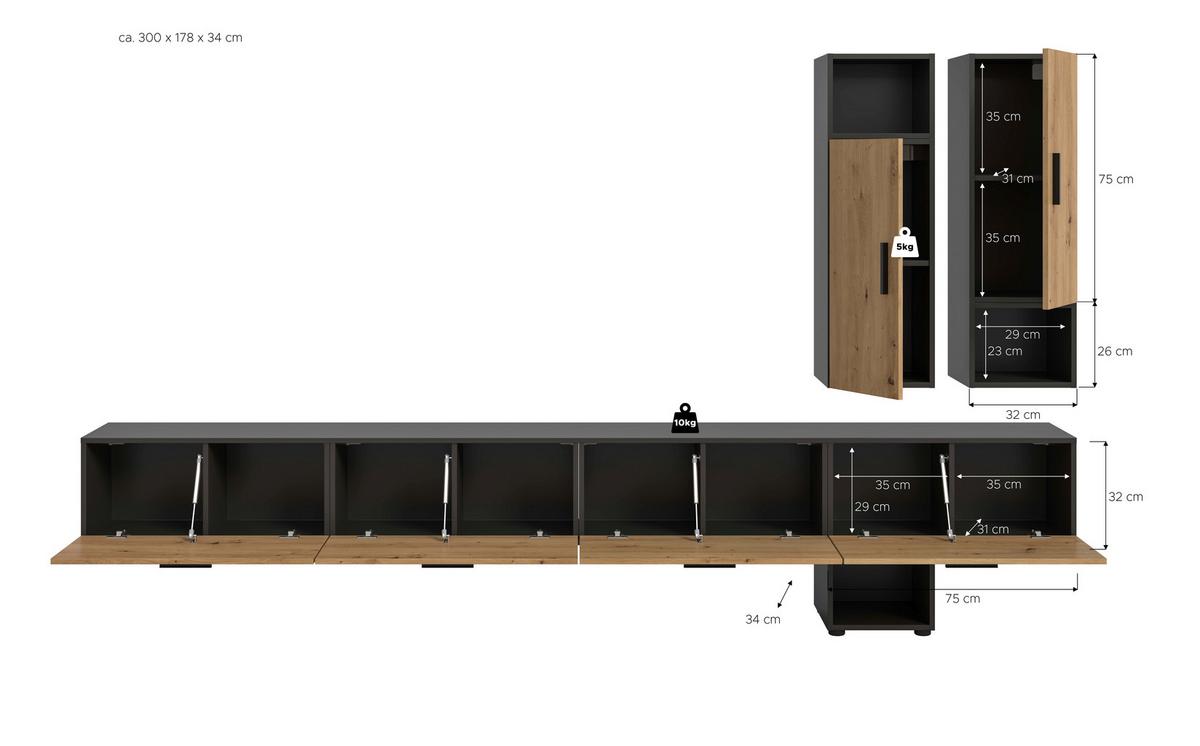 Wohnwand, The One 7, B: 300 cm Artisan Eiche Dekor/Grau - Schwarz/Eiche Artisan, Trend, Holzwerkstoff (300/178/34cm)