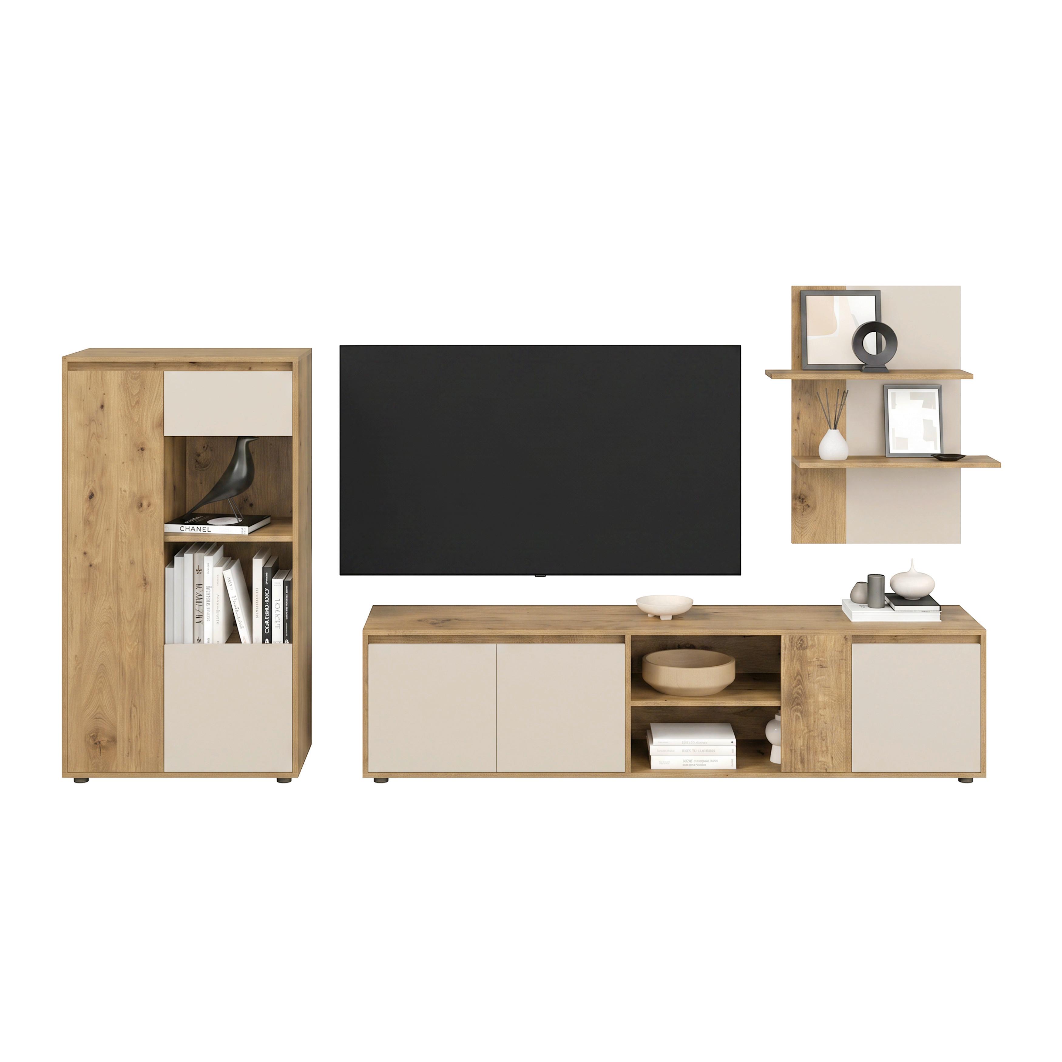 Wohnwand Caneva Eiche Artisan/Kaschmir B:267cm - Kaschmir/Eiche Artisan, MODERN, Glas/Holzwerkstoff (267,5/135/40cm) - Modern Living