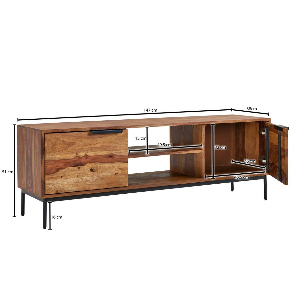 Sideboard Sheesham Sheeshamfarben B: 147 Cm - Sheeshamfarben/Schwarz, Design, Holz (147/51/38cm) - MID.YOU