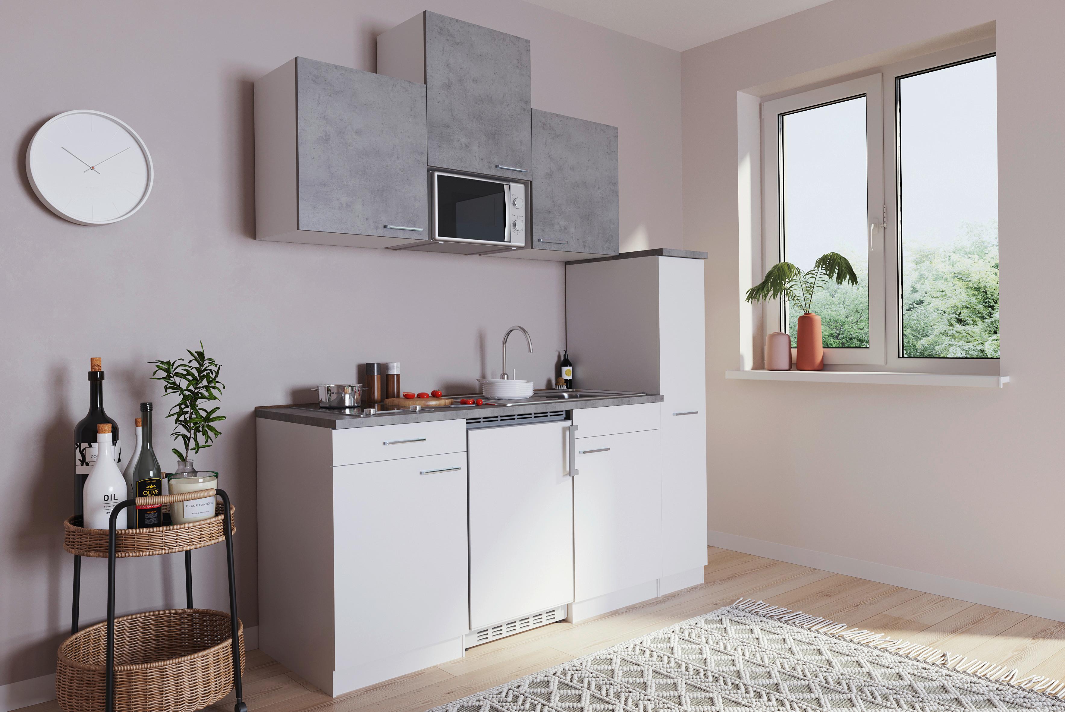 Küchenzeile Economy mit Geräten 180 cm Weiß/Beton Dekor Modern - Hellgrau/Weiß, MODERN, Holzwerkstoff (180cm) - Respekta