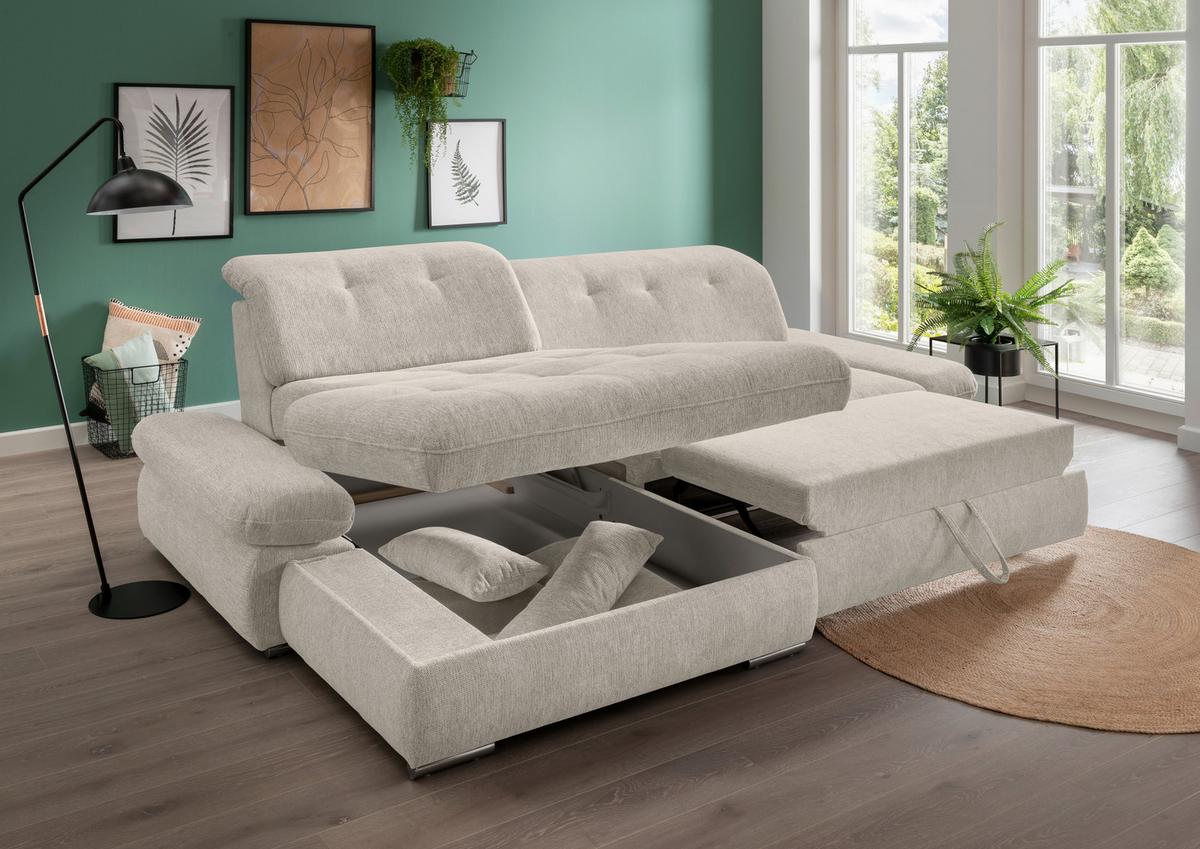 Ecksofa Dalida Beige S: 196x300 cm - Chromfarben/Beige, Design, Textil (196/300cm) - Livetastic
