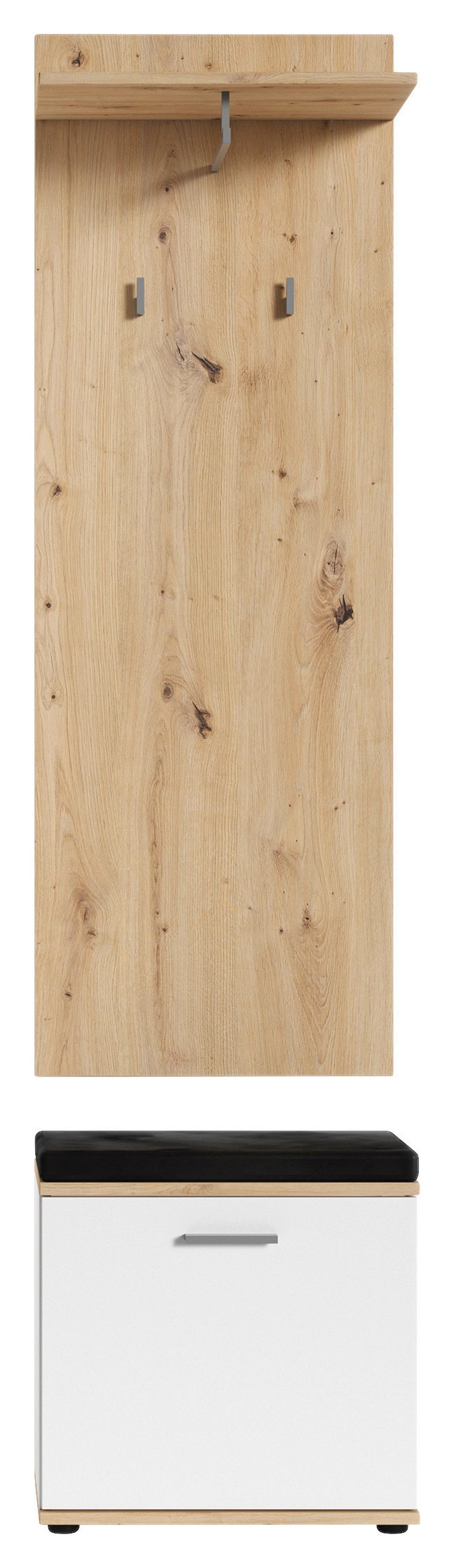 Garderobenbank Jakob Eiche Artisan/weiß B: 48,5 Cm - Schwarz/Weiß, LIFESTYLE, Holzwerkstoff/Textil (48,5/49/30cm) - MID.YOU