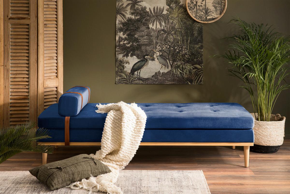 Chaiselongue Daybed Samt Blau B: 180 Cm - Blau/Naturfarben, MODERN, Textil (180/42/75cm) - Livetastic