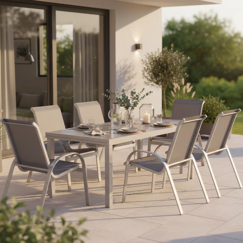 Gartengarnitur 7-tlg. Amalfi Alu/glas/kunststoff - Silberfarben/Braun, KONVENTIONELL, Glas/Textil - Gardenson