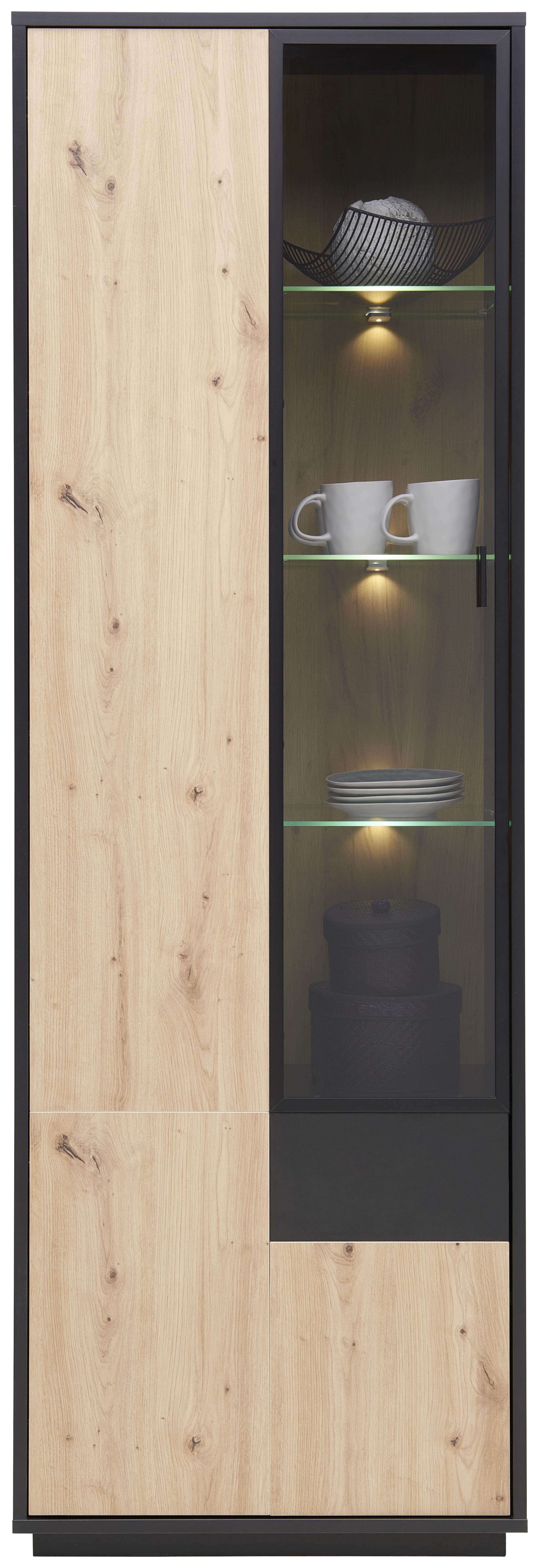 Vitrine Jamino B: 68 cm Eiche Dekor/Schwarz - Eichefarben/Schwarz, MODERN, Holzwerkstoff (68,2/202/38cm)