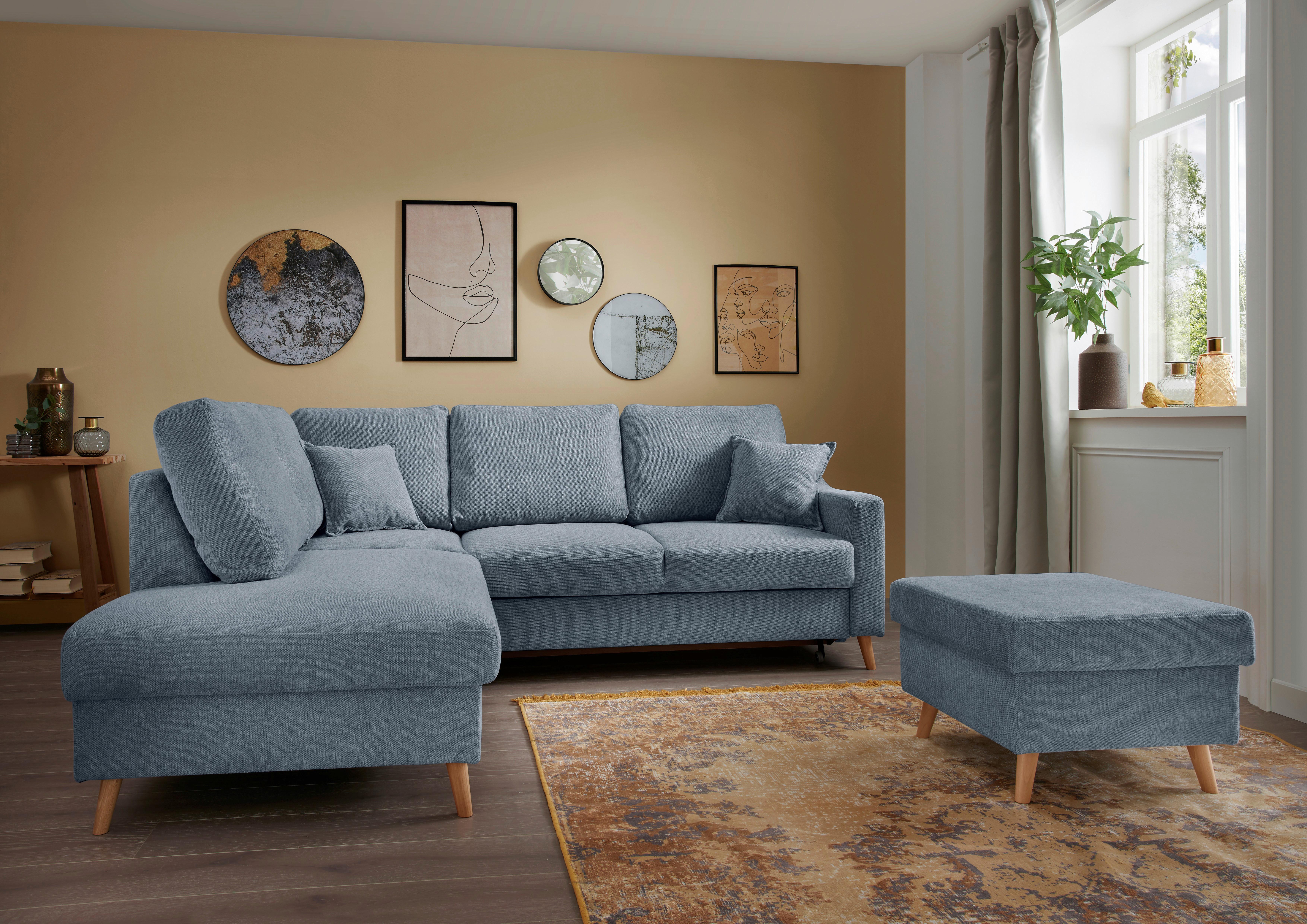 Ecksofa mit Schlaffunktion Valentina mit Kissen Blau - Blau/Naturfarben, KONVENTIONELL, Textil (200/230cm) - P & B