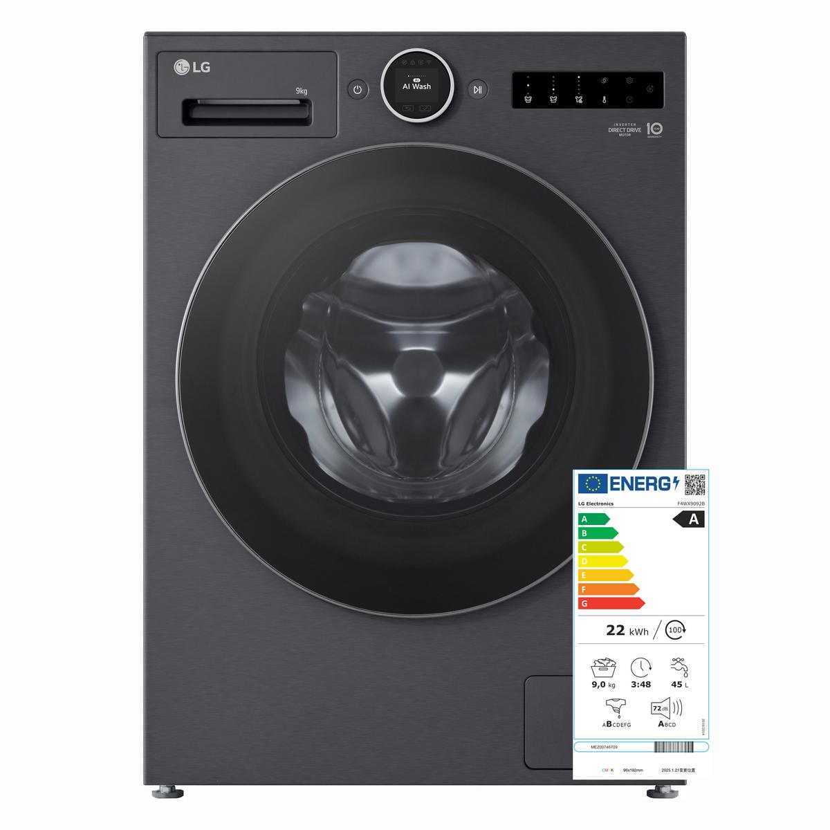 Waschmaschine F4WX9092B Füllmenge ca. 9 kg, Aquastop - Schwarz, Basics, Metall (60/89/56,5cm) - LG